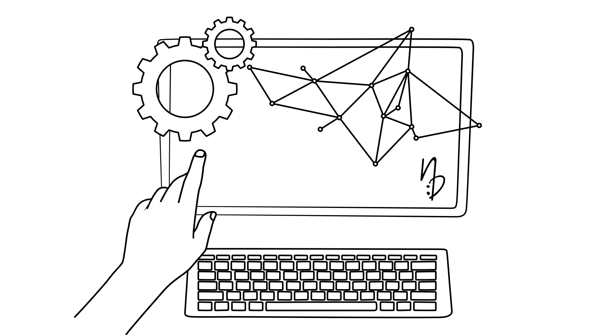 Illustration eines Bildschirms mit Tastatur und darauf zeigender Hand